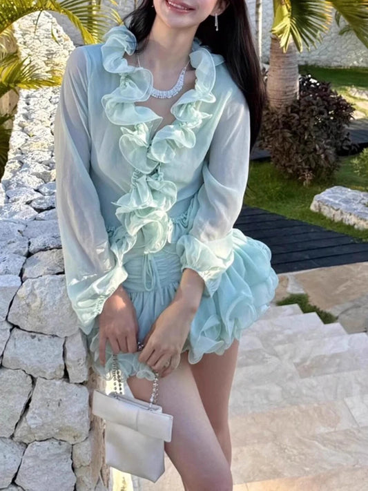 Green Ruffles Tie Up Mesh Top And Skirt Set