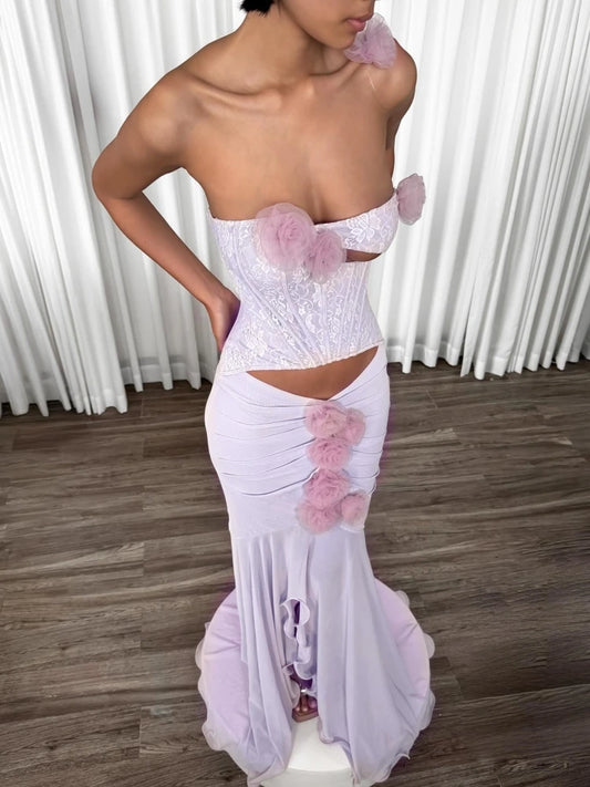 Purple 3d Flower Strapless Slit Cut Out Mesh Maxi Dress