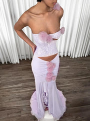 Purple 3d Flower Strapless Slit Cut Out Mesh Maxi Dress