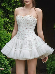 Strapless 3D Flower Tulle Mini Dress