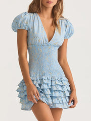 Blue Smocked Floral Printed Short Sleeve Mini Dress