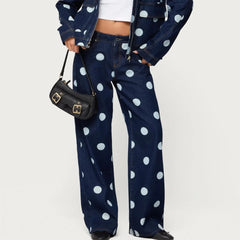 Polka Dots Print Wide Denim Pants