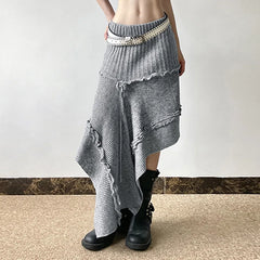 Grey Irregular Knitted Midi Skirt