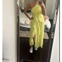 Spaghetti Strap Pleated Irregular Ruffle Desgin Long Dress