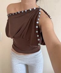 Brown Button Up Off-Shoulder Top