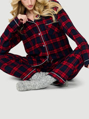 Plaid Print Long Sleeve Button Down Tops And Elastic Waist Pants Christmas Pajama Set