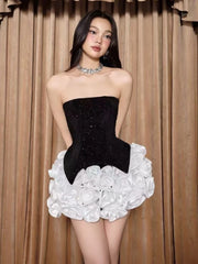 Sequin Strapless Black Corset Top And 3D White Flowers Skirt Two Piece Set