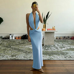 Blue Open Back Halter Neck Deep V Hollow Out Long Dress