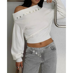 Off Shoulder Button Decor Long Sleeve Knitted Top