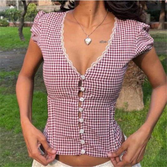 Red Gingham Puff Sleeve Button Back Tie Blouse