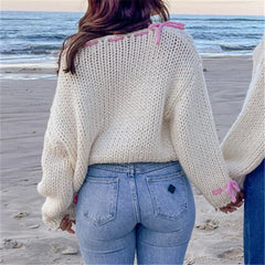 White Pink Ribbion Trim Sweater - Free From Label