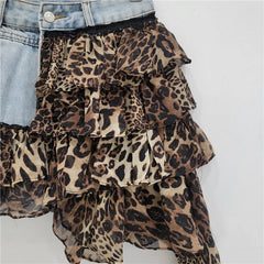 Leopard Print Ruffles Patchwork Denim Mini Skirts