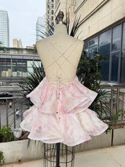 Pink Printed Deep V-Neck Spaghetti Strap Pleated Frill Mini Dress