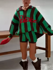 Striped Letter Jacquard Knit Sweater Top And Drawstring Shorts Set
