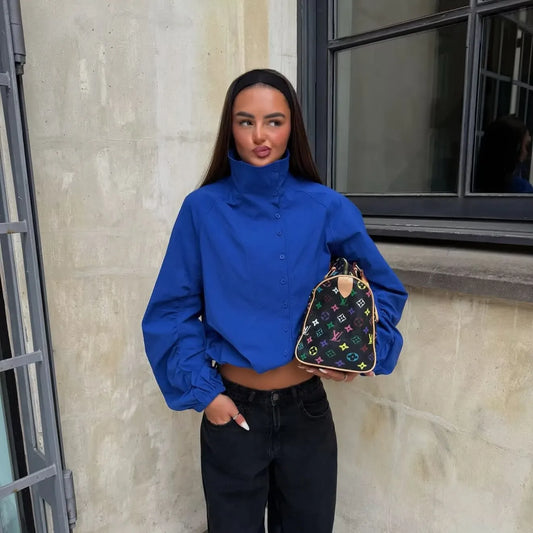 Blue High Neck Ruched Sleeve Adjustable Hem Jacket