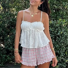Eyelet Embroidery Spaghetti Strap Peplum Top