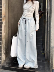 Blue Bow Striped Drawstring Track Pants