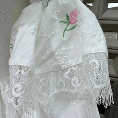 White Square Collar Puff Long Sleeve Lace Trim Floral Embroidered Mini Dress