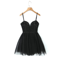 Black Mesh Frill Tulle Strap Mini Dress