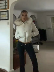 Hooded Fur Trimmed Cotton Puffer Zip Up Cropped Jacket