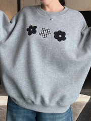 Flower Print Plaid O Neck Sweatshirt