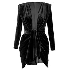 Black Velvet Deep Neck Long Sleeve Mini Dress