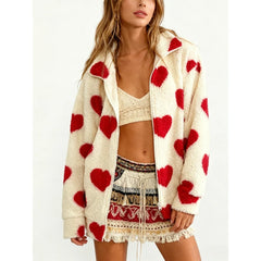 Heart Print Fuzzy Fleece Zip Up Jacket