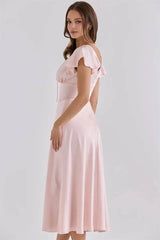 Pink Satin V-Neck Short Sleeve Tie Up Midi Dress