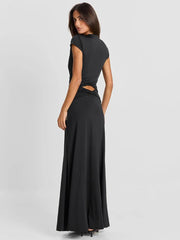 Black Twist Ruched Waist Cut Out Cap Sleeve Maxi Dress