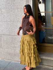 Elastic Waist Ruffles Tiered Midi Skirt
