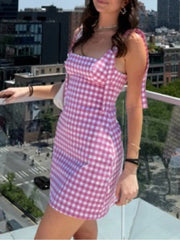 Checkered Tie Up Straight Mini Dress