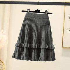 Knit Solid Elastic High Waist Ruffles Pleated Midi Skirt Free From Label