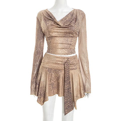 Animal Printed Long Sleeve Top And Irregular Skirt Matching Set