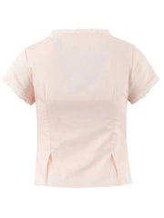 Pink Short Sleeve Button Up Top And Eyelet Trim Mini Skirt