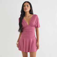 Deep V-neck Short Sleeve Solid Ruched Mini Dress