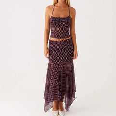 Purple Polka Dot Mesh Cami Crop Top And Irregular Hem Pencil Mid Skirts Set