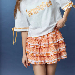 Gingham Elastic Waist Lace Trim Ruffle Layered Skort
