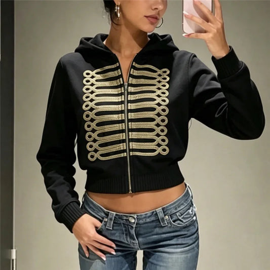 Gold Cord Embroidery Military Zip-Up Hoodie