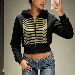 Gold Cord Embroidery Military Zip-Up Hoodie
