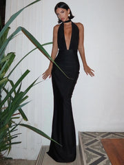 Satin Deep Neck Drape Maxi Dress