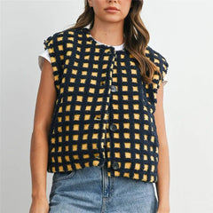 Fleece Plaid Pattern Full Button Down Vest with Pockets