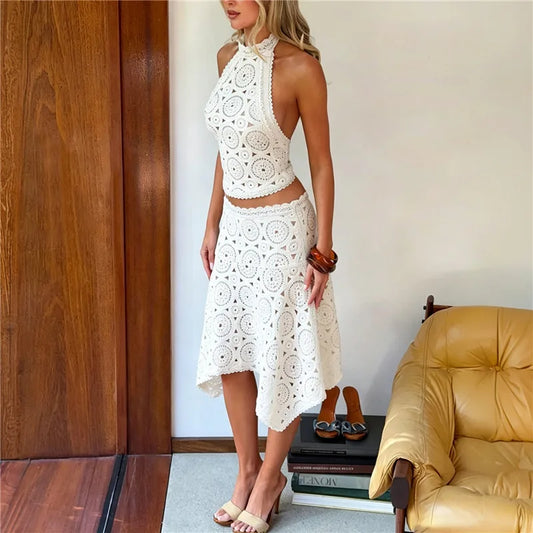 White Crochet Halter Neck Back Tie Crop Top And Midi Skirt Set