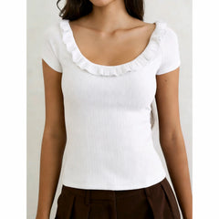 Ruffle Scoop Neck Short Sleeve Knitted T-Shirt