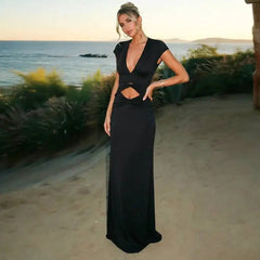 Black Twist Ruched Waist Cut Out Cap Sleeve Maxi Dress