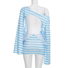 Off Shoulder Long Sleeve Striped Print Backless Hollow Out Mini Dress