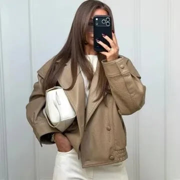 Faux Leather Double Breasted Bomber Jacket