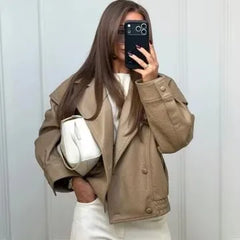 Faux Leather Double Breasted Bomber Jacket