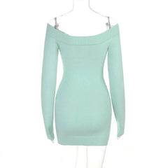 Blue Off-Shoulder Knit Long Sleeve Mini Dress
