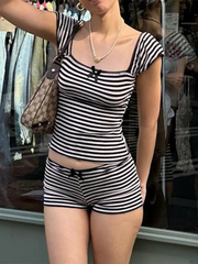 Stripe Square Neck Top And Shorts Sets