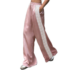 Satin Lace Trim Elastic Waist Wide Leg Pants
